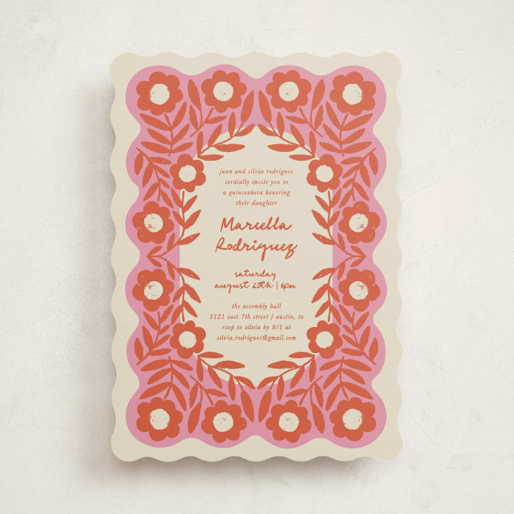"Stamped Floral" - Quinceanera Invitations in Strawberry by Kelly Watkins - Front