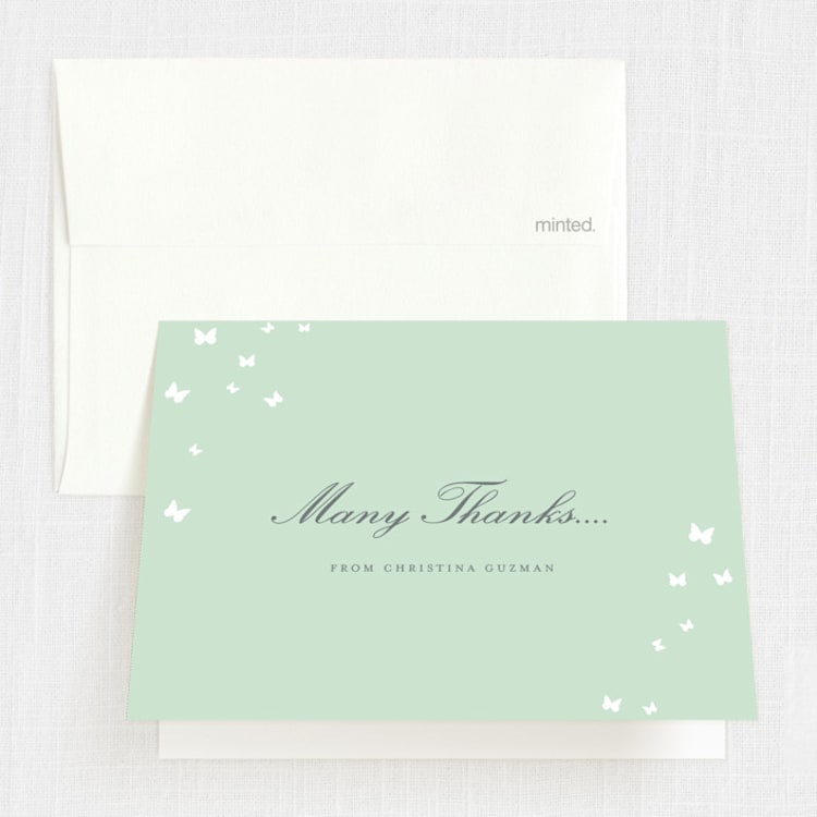 "Fluttering Dress" - Quinceañera Thank You Cards in Mint by Sheila Sunaryo - Front