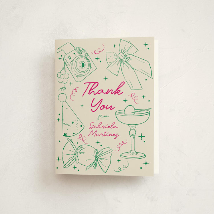 "Hand-Drawn Birthday Fun" - Quinceañera Thank You Cards in Grass by Celine Nguyen - Front