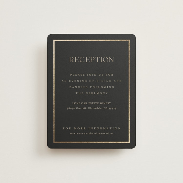 "Timeless Charm" - Reception Cards in Charcoal by Lucrecia Caporale - Front