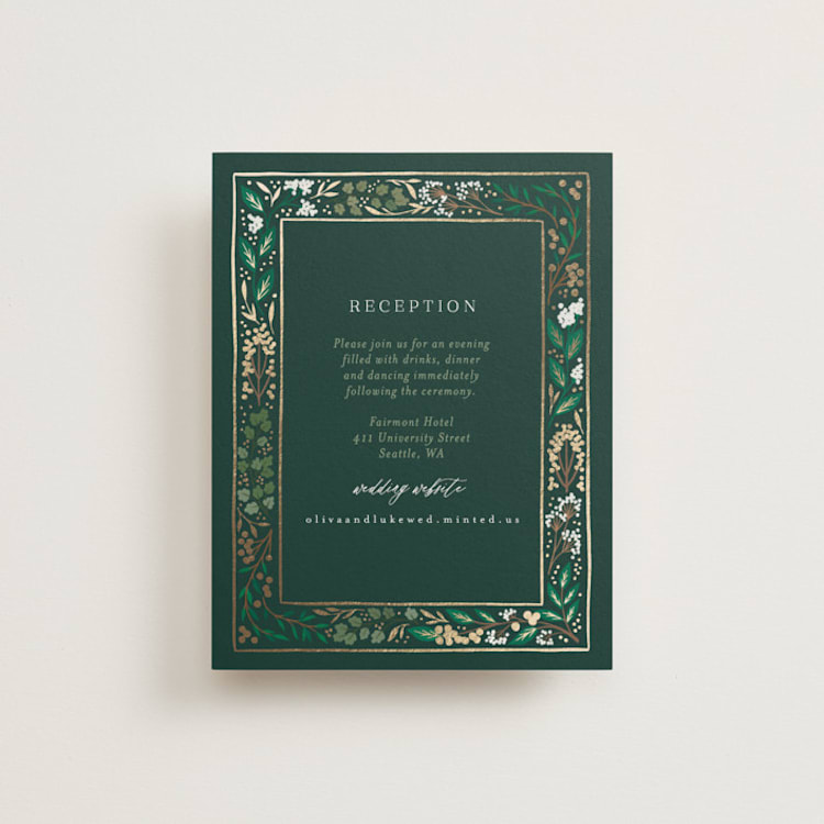 "Illuminated Storybook" - Reception Cards in Evergreen by Alethea and Ruth - Front