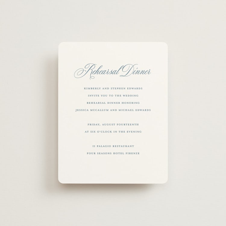 "Empire" - Rehearsal Dinner Cards in Dusty Blue by Jennifer Postorino - Front