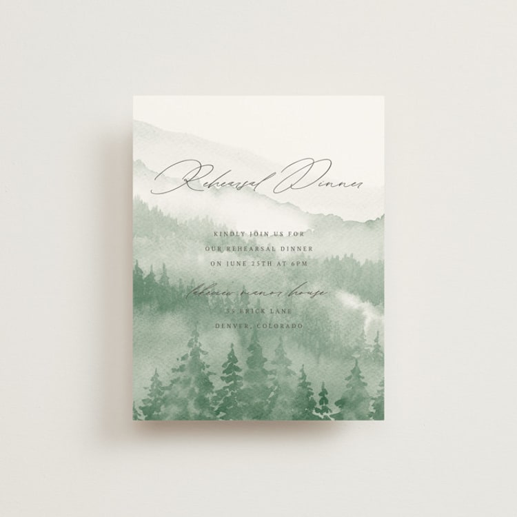 "Over the mountains" - Rehearsal Dinner Cards in Fern by Helen Halik - Front