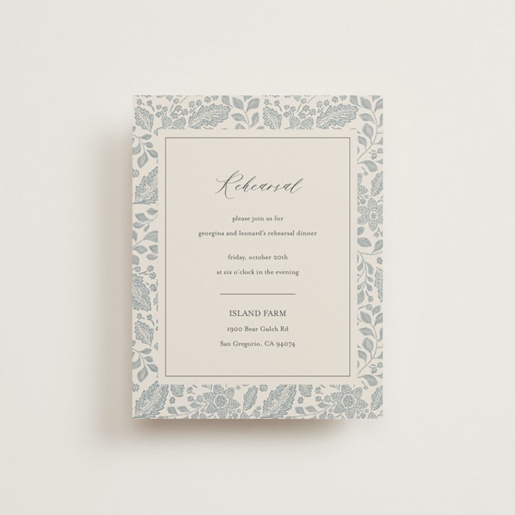 "Embroidered" - Rehearsal Dinner Cards in Dusty Blue by Jen Owens - Front