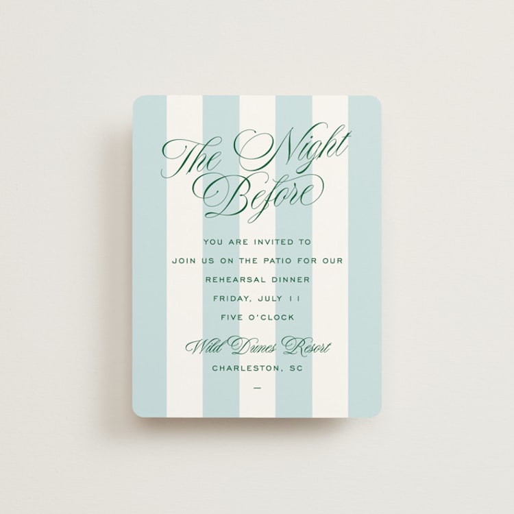 "Palm Stripes" - Rehearsal Dinner Cards in Low Tide by Susan Zinader - Front