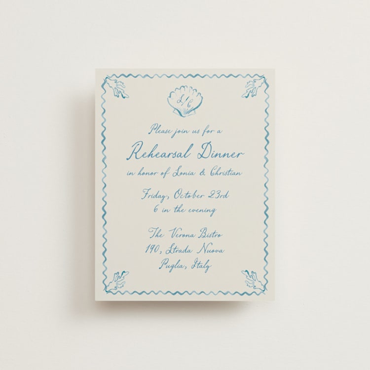 "Puglia" - Rehearsal Dinner Cards in Ocean by Pati Cascino - Front
