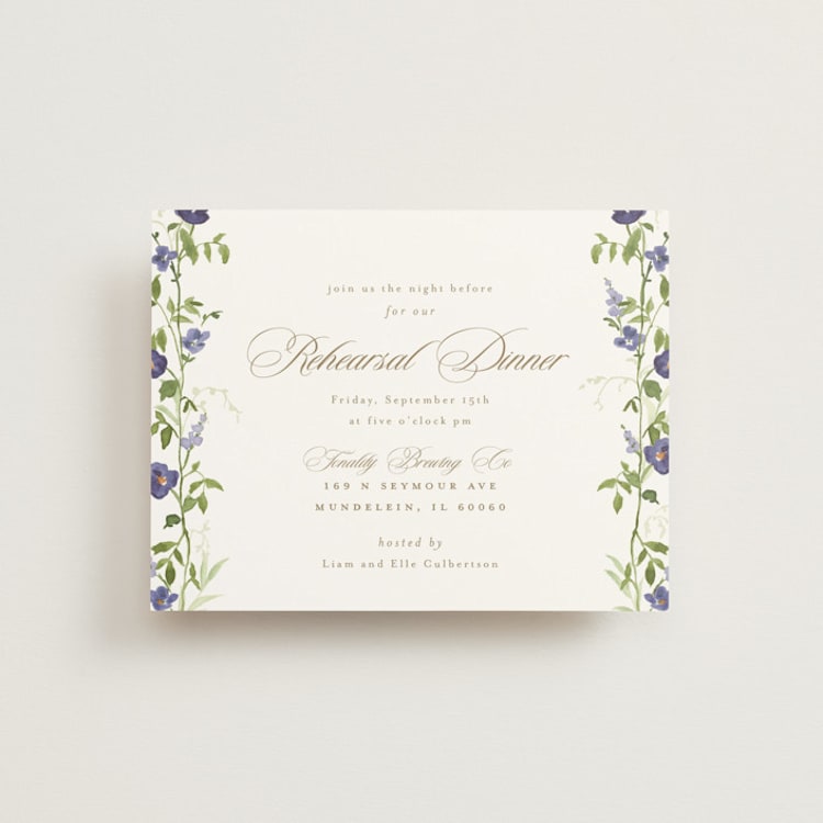 "Wildflower Trellis" - Rehearsal Dinner Cards in Iris by Everett Paper Goods - Front