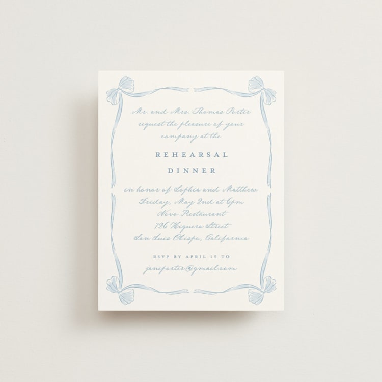"Bow Frame" - Rehearsal Dinner Cards in Lagoon by Leah Bisch - Front