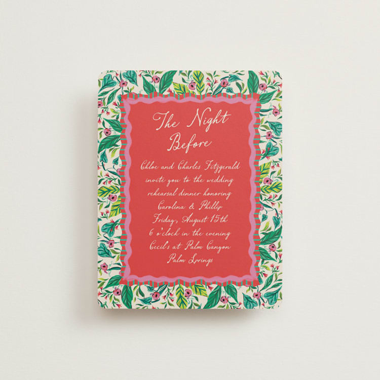 "Whimsical Hand Illustrated Crest" - Rehearsal Dinner Cards in Peony by Jackie Crawford - Front
