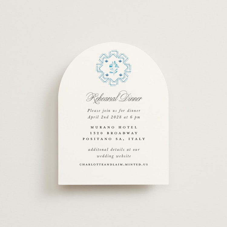 "Almafi" - Rehearsal Dinner Cards in Cerulean by Itsy Belle Studio - Front