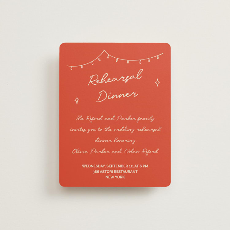 "Party On!" - Rehearsal Dinner Cards in Sangria Spark by Zove Ahhh - Front