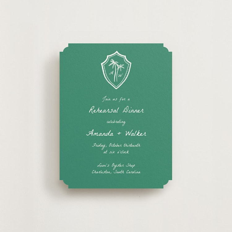 "Palm Tree Crest" - Rehearsal Dinner Cards in Palm by Erika Firm - Front