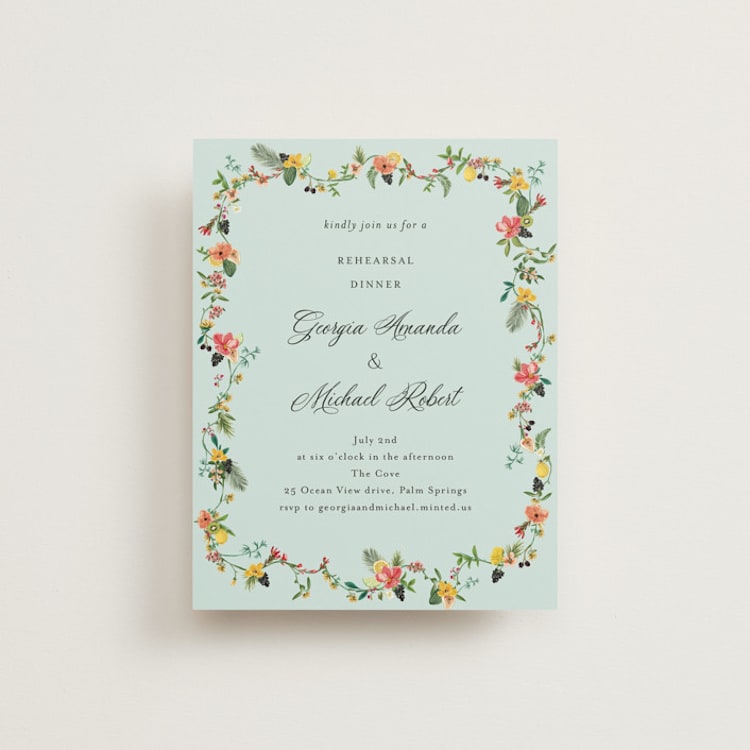 "Tropical Crest" - Rehearsal Dinner Cards in Papaya by Susan Moyal - Front