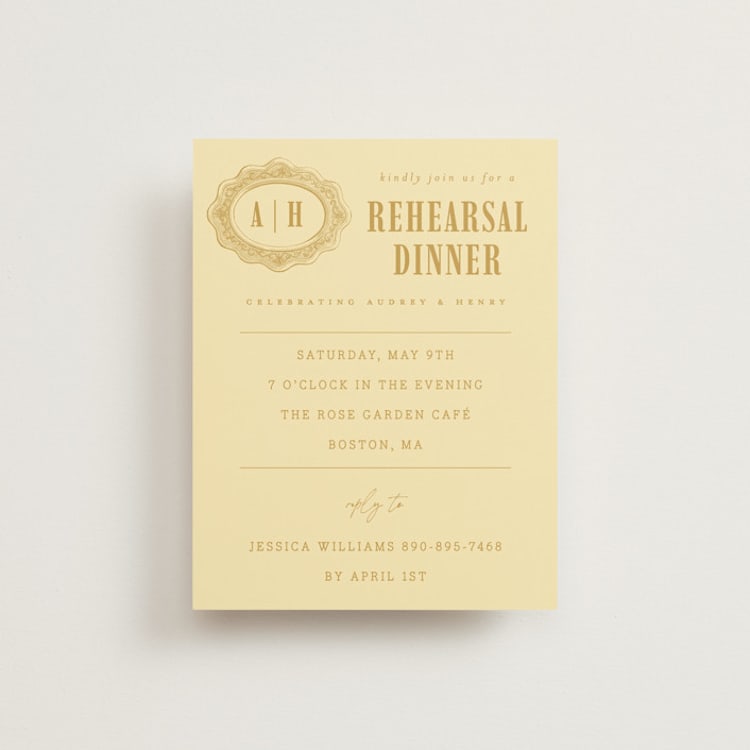 "Vintage Label" - Rehearsal Dinner Cards in Butter by Nazia Hyder - Front