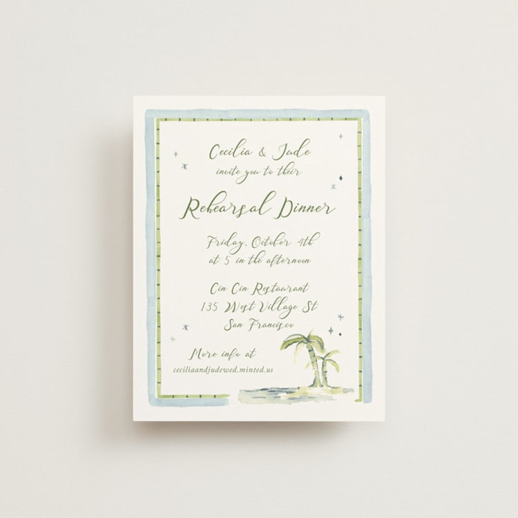"Alento" - Rehearsal Dinner Cards in Celeste by Pati Cascino - Front
