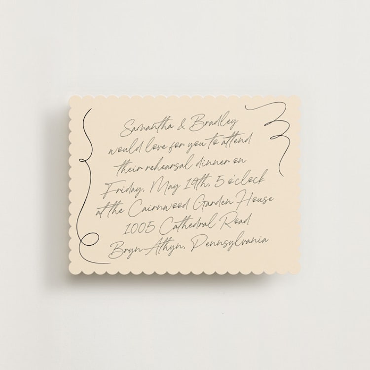 "French Whimsy Script" - Rehearsal Dinner Cards in Champagne by Wallace Design Co. - Front