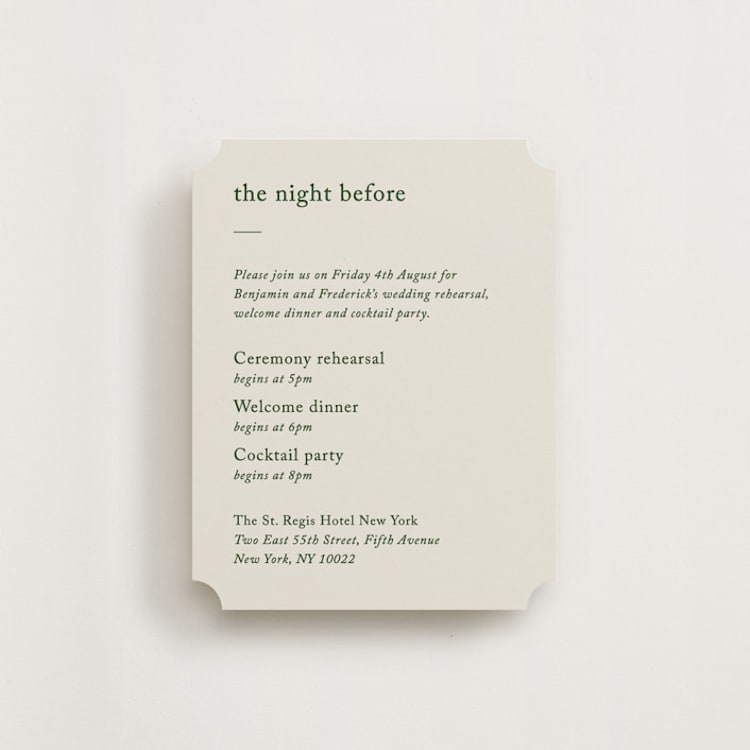 "Editorial" - Rehearsal Dinner Cards in Forest by Bethan - Front