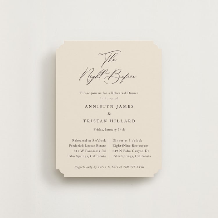 "Love Story" - Rehearsal Dinner Cards in Mocha by Jennifer Postorino - Front