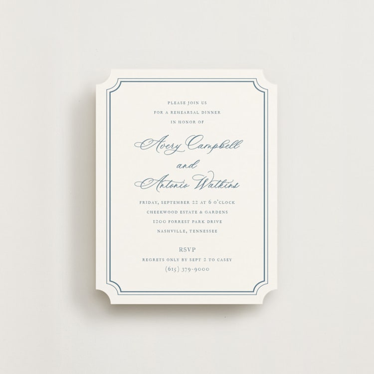 "Avery" - Rehearsal Dinner Cards in Dusty Blue by Jennifer Postorino - Front