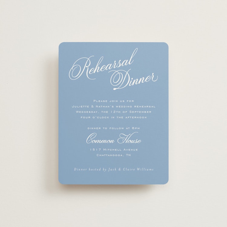 "Marenza" - Rehearsal Dinner Cards in Bluebell by Jessica Williams - Front