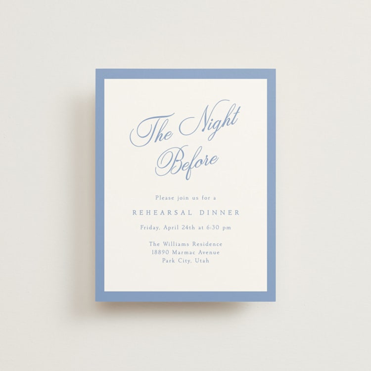"Constance" - Rehearsal Dinner Cards in Sky by Robert and Stella - Front
