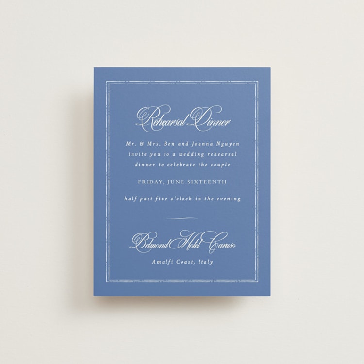 "Amalfi Blue" - Rehearsal Dinner Cards in Blue Mist by Design Lotus - Front