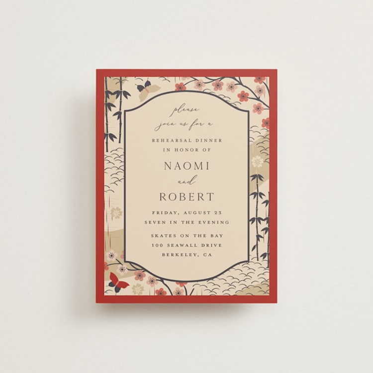 "Japanese Textile" - Rehearsal Dinner Cards in Rose by Jennifer Holbrook - Front