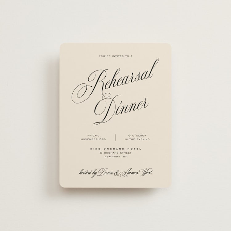 "Modern Romance" - Rehearsal Dinner Cards in Almond by Eric Clegg - Front