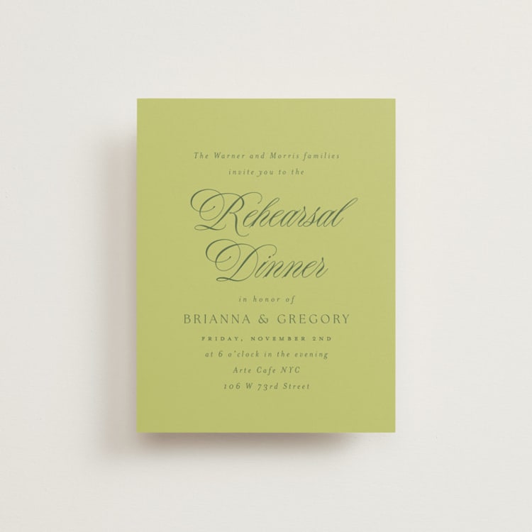 "Carlyle" - Rehearsal Dinner Cards in Chartreuse by Everett Paper Goods - Front