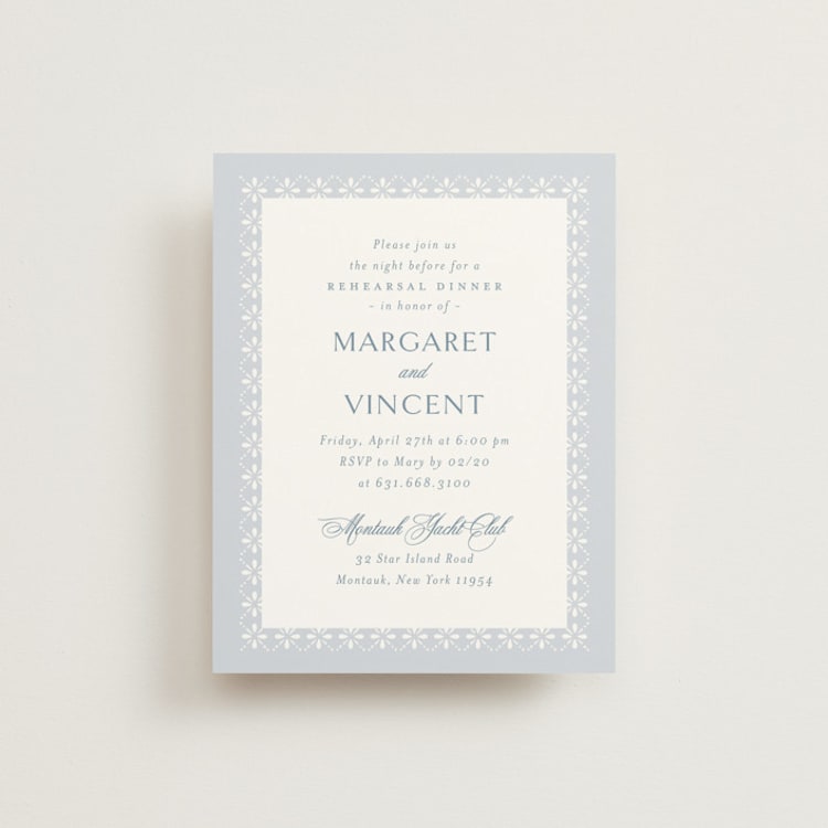 "Coastal Charm" - Rehearsal Dinner Cards in Dusty Blue by Jennifer Postorino - Front