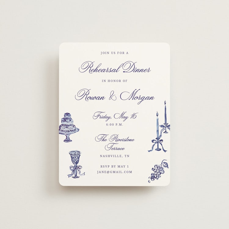 "Blooming Crest" - Rehearsal Dinner Cards in Plum by Cass Loh - Front