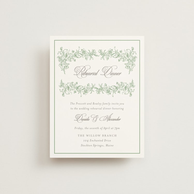 "Romantic Garden" - Rehearsal Dinner Cards in Mint by Melinda Denison - Front