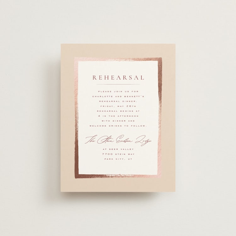 "Romantic Frame" - Foil-Pressed Rehearsal Dinner Cards in Peony by Wildfield Paper Co - Front