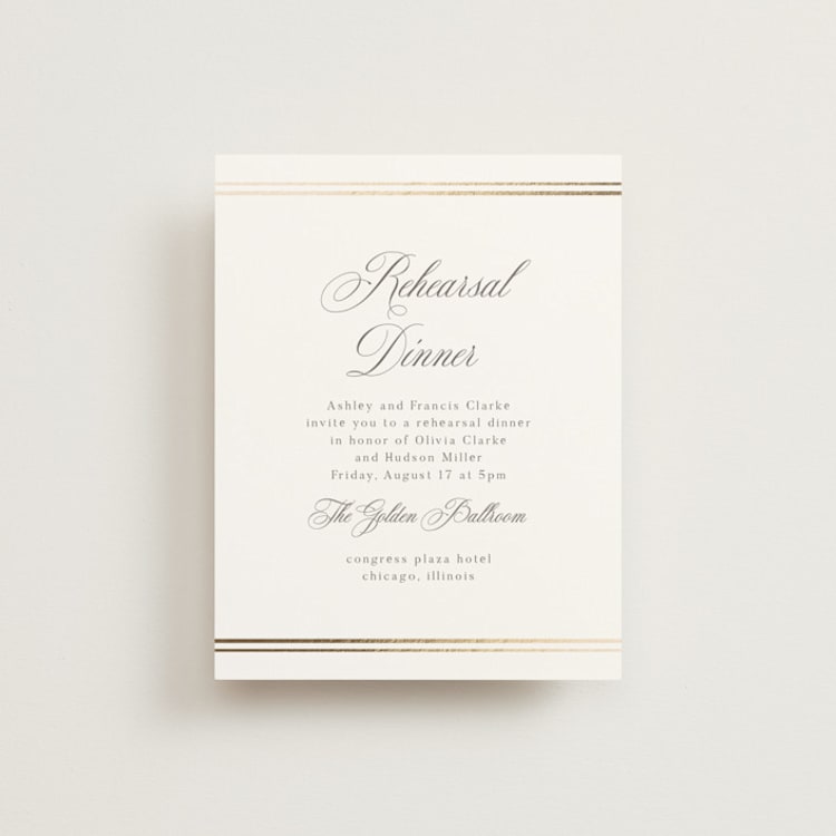 "Classic Elegance" - Foil-Pressed Rehearsal Dinner Cards in Pearl by Nicole Walsh - Front