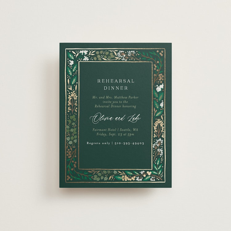 "Illuminated Storybook" - Foil-Pressed Rehearsal Dinner Cards in Evergreen by Alethea and Ruth - Front