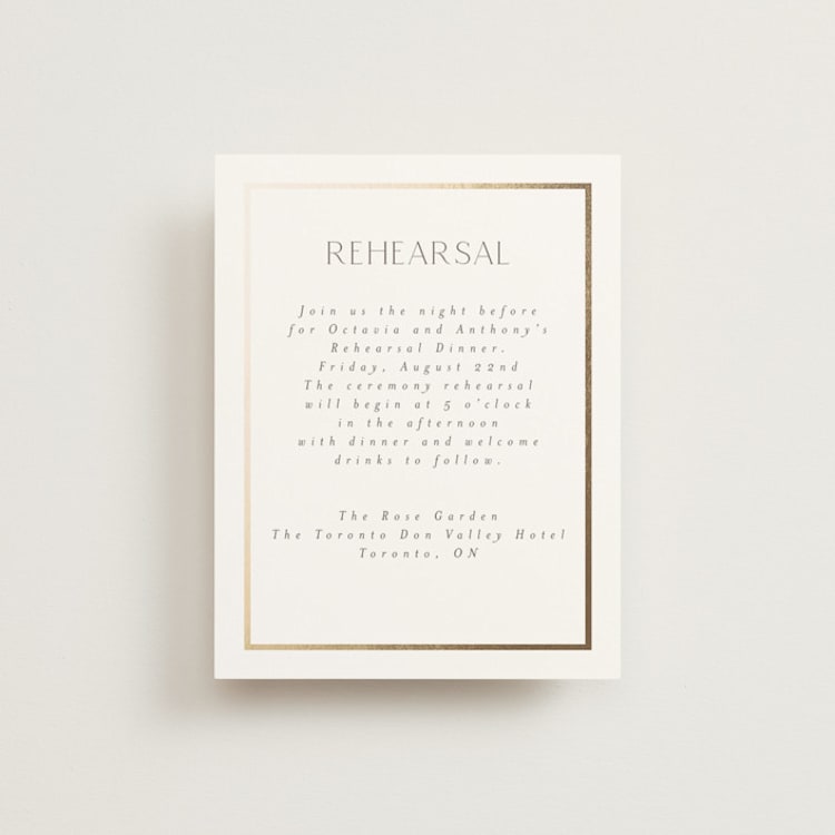 "Regal" - Foil-Pressed Rehearsal Dinner Cards in Porcelain by Nicole Walsh - Front