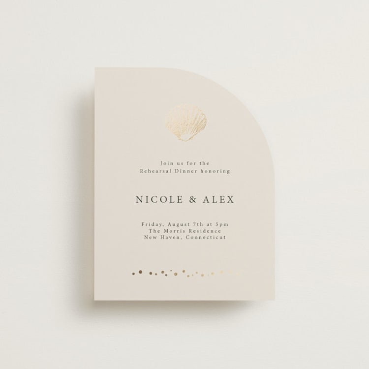 "Simple Seashell" - Foil-Pressed Rehearsal Dinner Cards in Sand by Hannah Bowman - Front