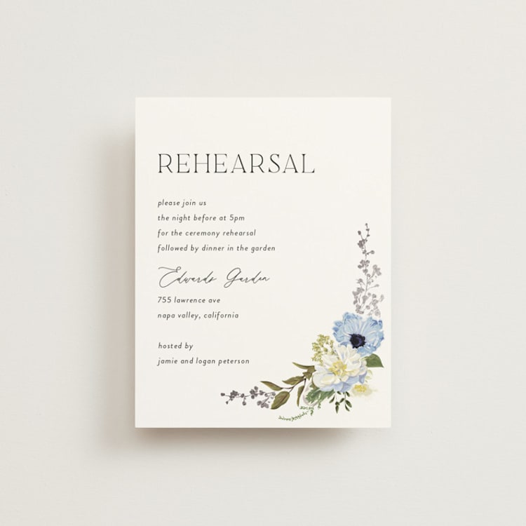 "Timeless Blooms" - Foil-Pressed Rehearsal Dinner Cards in Azure by Susan Moyal - Front