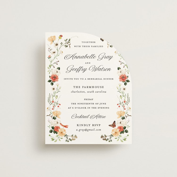 "Fleur" - Foil-Pressed Rehearsal Dinner Cards in Verona Sunset by Sarah Knight - Front