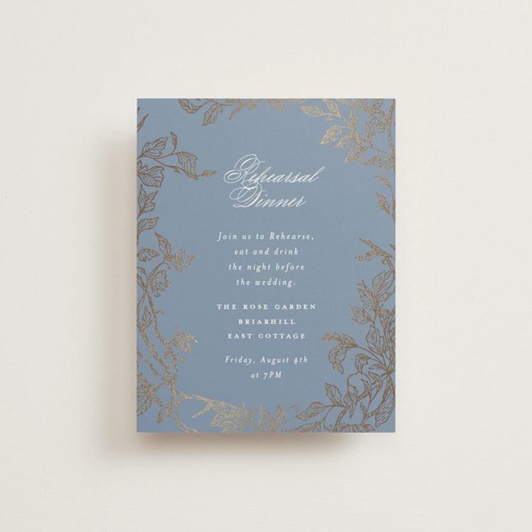 "meet me in the garden" - Foil-Pressed Rehearsal Dinner Cards in Cornflower by Grae - Front