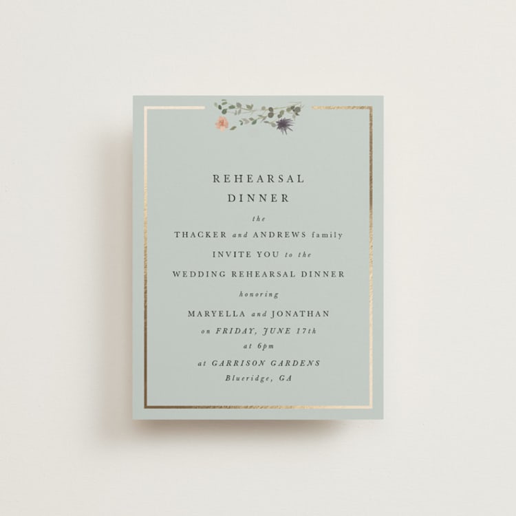 "Blue Garden" - Foil-Pressed Rehearsal Dinner Cards in Mist by Hannah Williams - Front