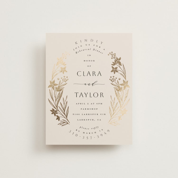 "Floral Border" - Foil-Pressed Rehearsal Dinner Cards in Champagne by Leah Bisch - Front