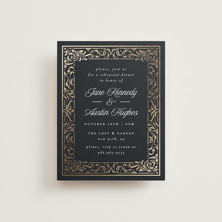 "Regency Grace" - Foil-Pressed Rehearsal Dinner Cards in Onyx by Ana de Sousa - Front