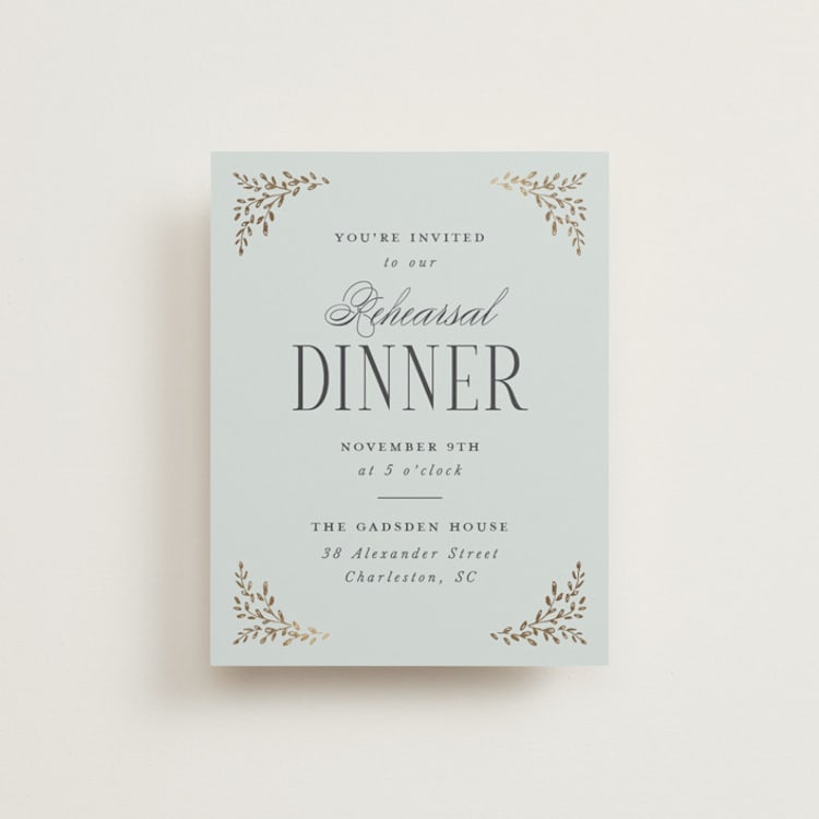 "Enchanted" - Foil-Pressed Rehearsal Dinner Cards in Mist by Laura Hankins - Front