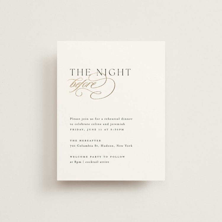 "Left Align" - Foil-Pressed Rehearsal Dinner Cards in Silk by Kelly Schmidt - Front