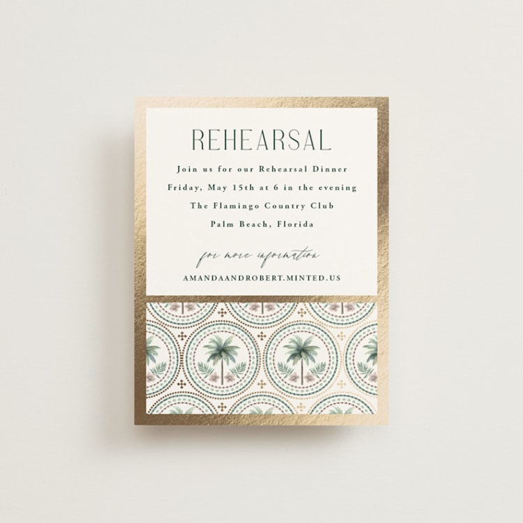 "Vintage Palms" - Foil-Pressed Rehearsal Dinner Cards in Sand by Maria Alou - Front