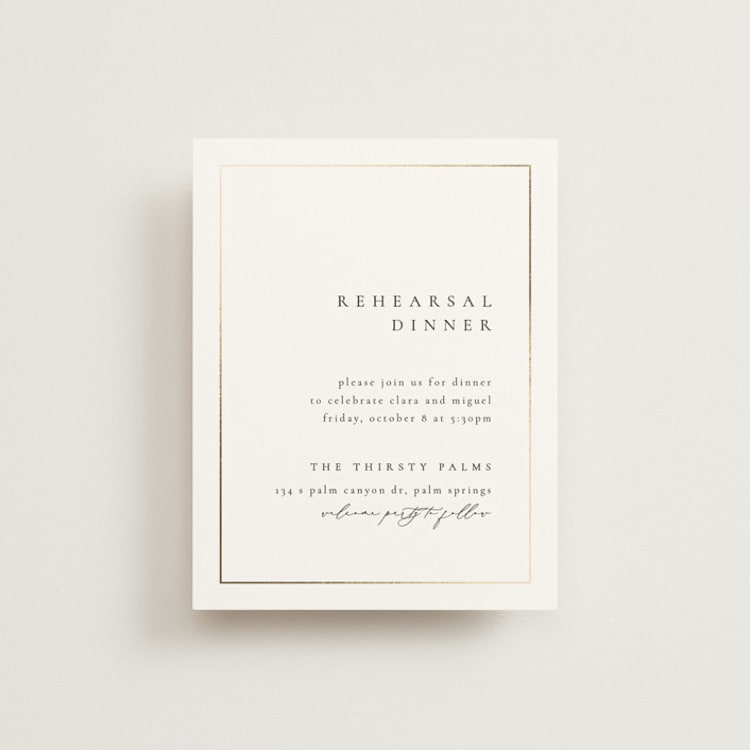 "Golden Ampersand" - Foil-Pressed Rehearsal Dinner Cards in Silk by Kelly Schmidt - Front