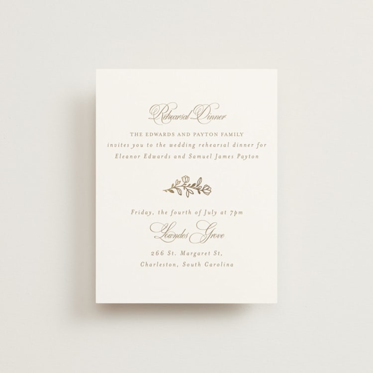 "Gold Crest" - Foil-Pressed Rehearsal Dinner Cards in Ivory by Mansi Verma - Front