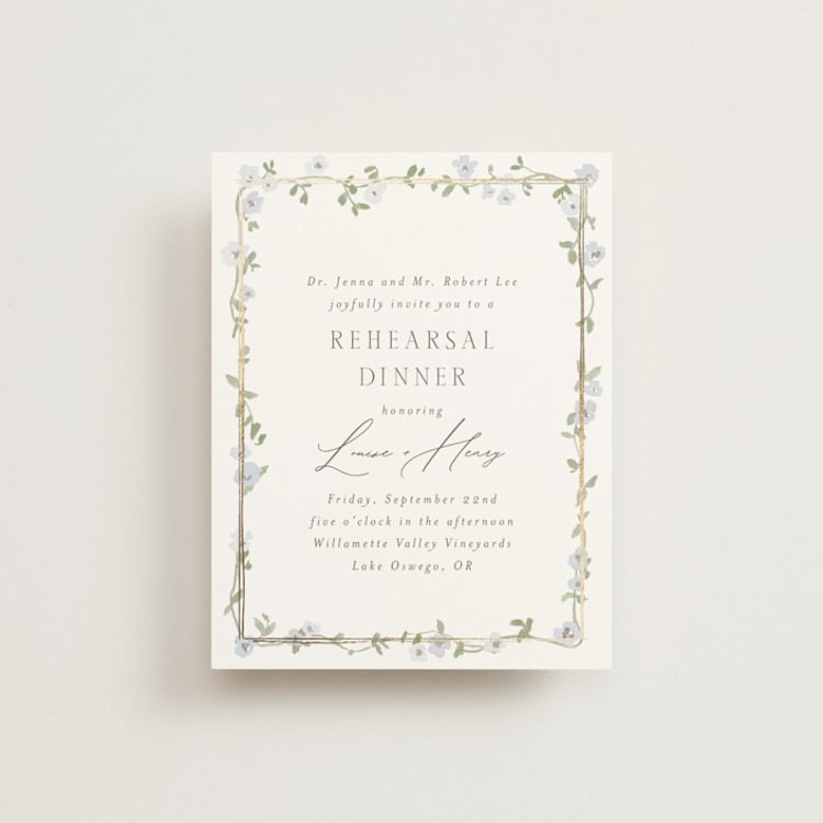 "Portico" - Foil-Pressed Rehearsal Dinner Cards in Blue Bell by Everett Paper Goods - Front