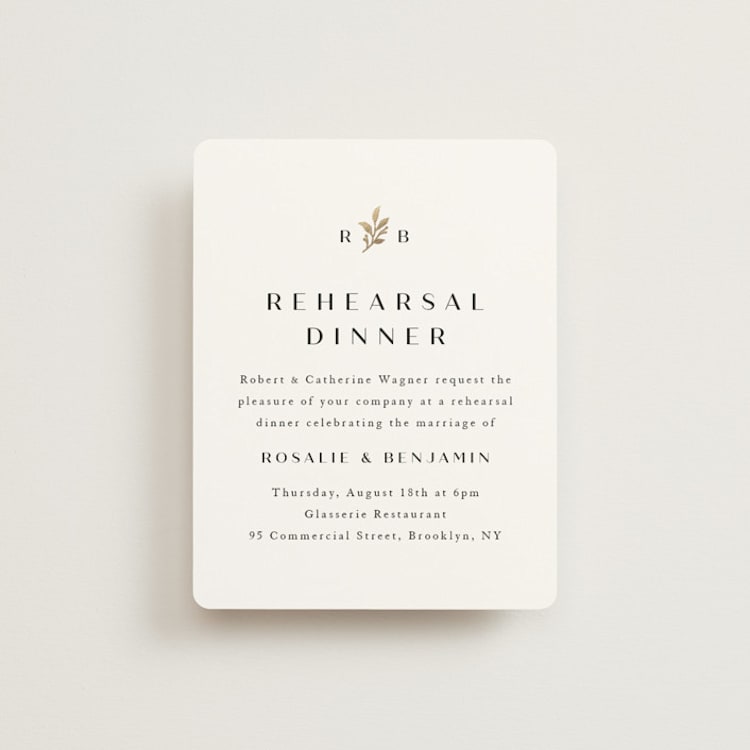 "Petite Sprig" - Foil-Pressed Rehearsal Dinner Cards in Black Dahlia by Olivia Raufman - Front